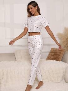 女士夏季情人节礼物镂空提花甜心印花短袖睡衣套装带口袋，舒适休闲两件套，春夏