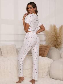 女士夏季情人节礼物镂空提花甜心印花短袖睡衣套装带口袋，舒适休闲两件套，春夏