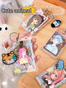 1pc Korean Style Cute Acrylic Transparent Elastic Cord Card Holder Cartoon Decoration Clip For Student ID Card, Bus Card, Bank Card, Portable