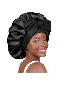 1PC Bowknot Lace Up Satin Bonnet Solid Color Elastic Sleeping Night Cap Lightweight Bath Cap Hair Bonnets For Women Girls Black Hair Sleep Cap,Summer,Beach,Hat - Pink NPSM49 - View 1