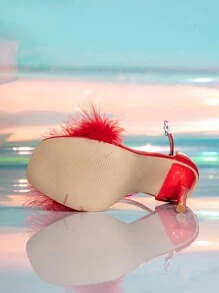 Women's Strap Fuzzy High Heel Red/Black Square Toe Thin Heel Sandals, 2025 Spring/Summer New Fashion Elegant Formal Party/Wedding Versatile Shoes - Red - View 7