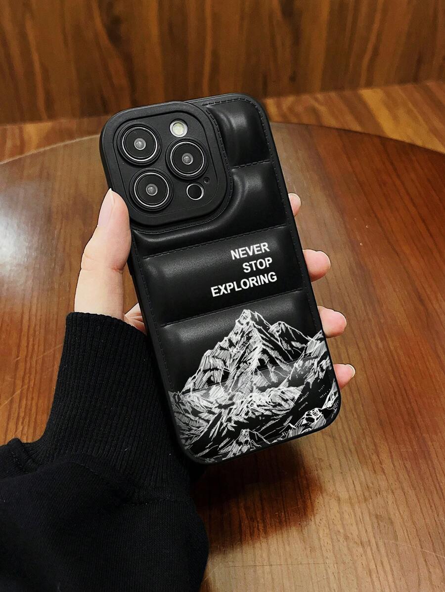 白色标语元素时尚手机壳,永不止步的探索精神,励志标语设计,时尚羽绒服纹理手机壳,兼容,适合旅行和冒险爱好者,山峦图案设计,春季生日礼物 - 彩色 - 查看 1