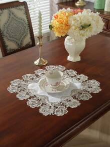 1PC White And Two Color Peony Flower Lace Table Runner, Table Runner, Decorative Tablecloth For Dining Table, Desk, Coffee Table, Dresser, Interior Decoration, Seasonal Decoration, Home, Party, Wedding, Outdoor Furniture - White - View 7