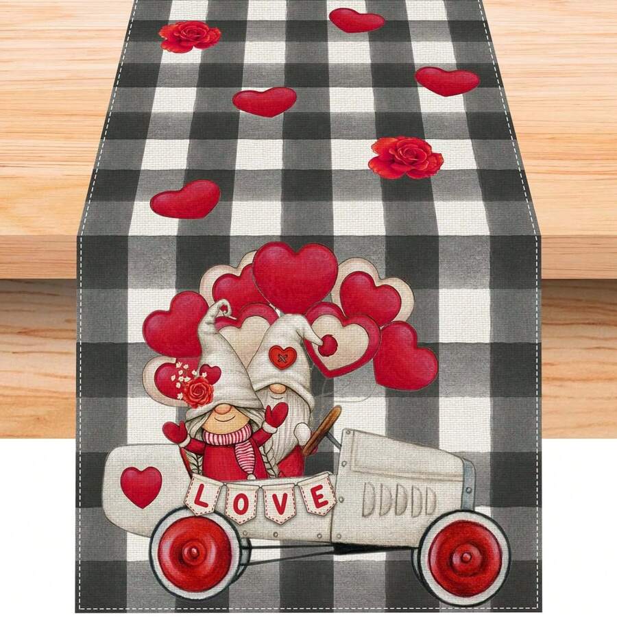 1PC Linen Black And White Buffalo Lattice Valentine's Day Table Runner Long Valentine's Day Dwarf Heart Decoration Valentine's Day Home Kitchen Dining Room Table Decoration - Black and White - View 1
