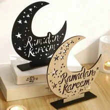 1 szt. Drewniany stojak w kształcie półksiężyca - czarny i naturalny usłojenie drewna, dekoracja stołu w kształcie księżyca w islamskim święcie, ekspozycja na obchody Ramadanu, akcent dekoracyjny do domu i biura, ręcznie robiony drewniany napis "Ramadan Kareem", wzór gwiaździstego nieba