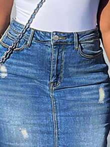 Women's Denim Skirt High Waist Raw Hem Pockets Stretch Bodycon Pencil Skirt Knee Length Jean Skirts - Medium Wash - View 4