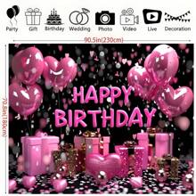 1 Piece, Happy Birthday Party Background Cloth - Bright Black With Pink Rose Gold Heart Shape, Sparkling Balloons And Retro Elements Of Queen's Hall, Polyester, Suitable For Living Room Decoration, Outdoor Celebrations, Live Streaming And Photo Booths, Party Banners