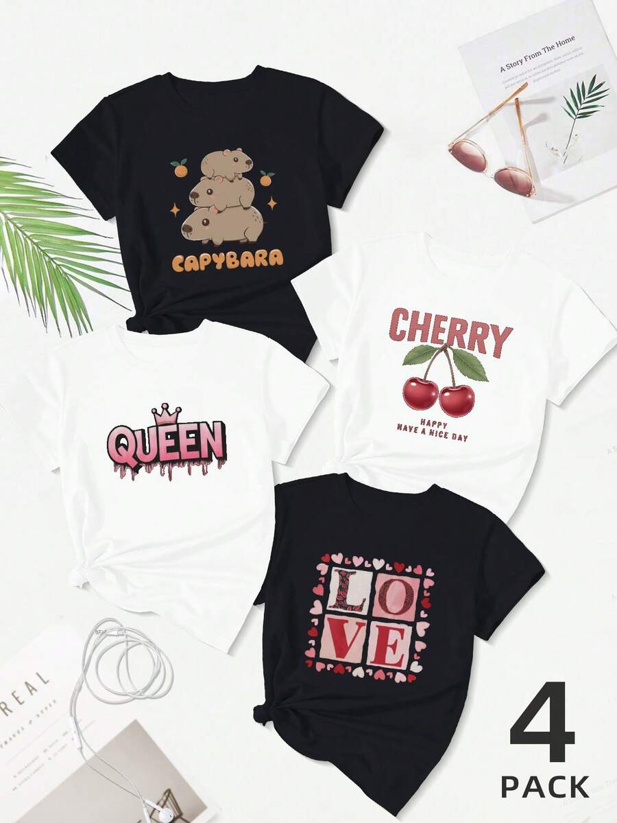 Oranges Three Adorable Capybaras 180g 4pcs Set Pure Cotton Women's T-Shirt Comfort Fit