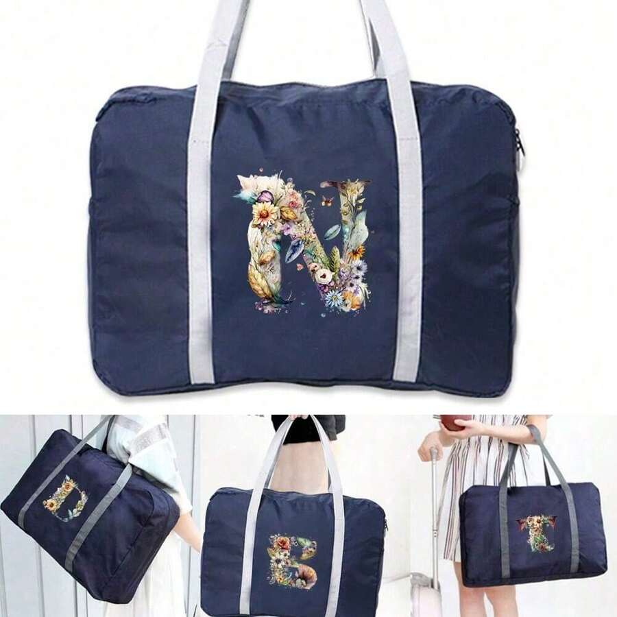 多功能便携式可折叠旅行收纳袋 花卉字母图案 大容量行李收纳袋 旅行包 手提包 手提包 手拿包 健身包 过夜包 周末包 瑜伽健身衣服收纳袋 旅行箱包 行李袋 行李袋 随身包 大学包 行李袋 周末包 医院包 粉色 假日 冬季