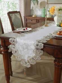 1PC White And Two Color Peony Flower Lace Table Runner, Table Runner, Decorative Tablecloth For Dining Table, Desk, Coffee Table, Dresser, Interior Decoration, Seasonal Decoration, Home, Party, Wedding, Outdoor Furniture - White - View 1