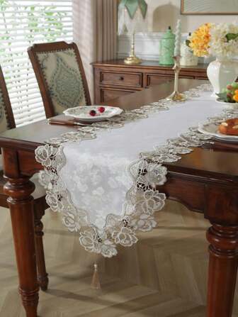 1PC White And Two Color Peony Flower Lace Table Runner, Table Runner, Decorative Tablecloth For Dining Table, Desk, Coffee Table, Dresser, Interior Decoration, Seasonal Decoration, Home, Party, Wedding, Outdoor Furniture