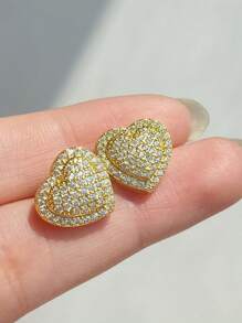1 Pair 2pcs Shiny Full Zirconia Heart Shaped Stud Earrings, Fashionable For Daily Wear, Valentine's Day & New Year Gift - Multicolor - View 4