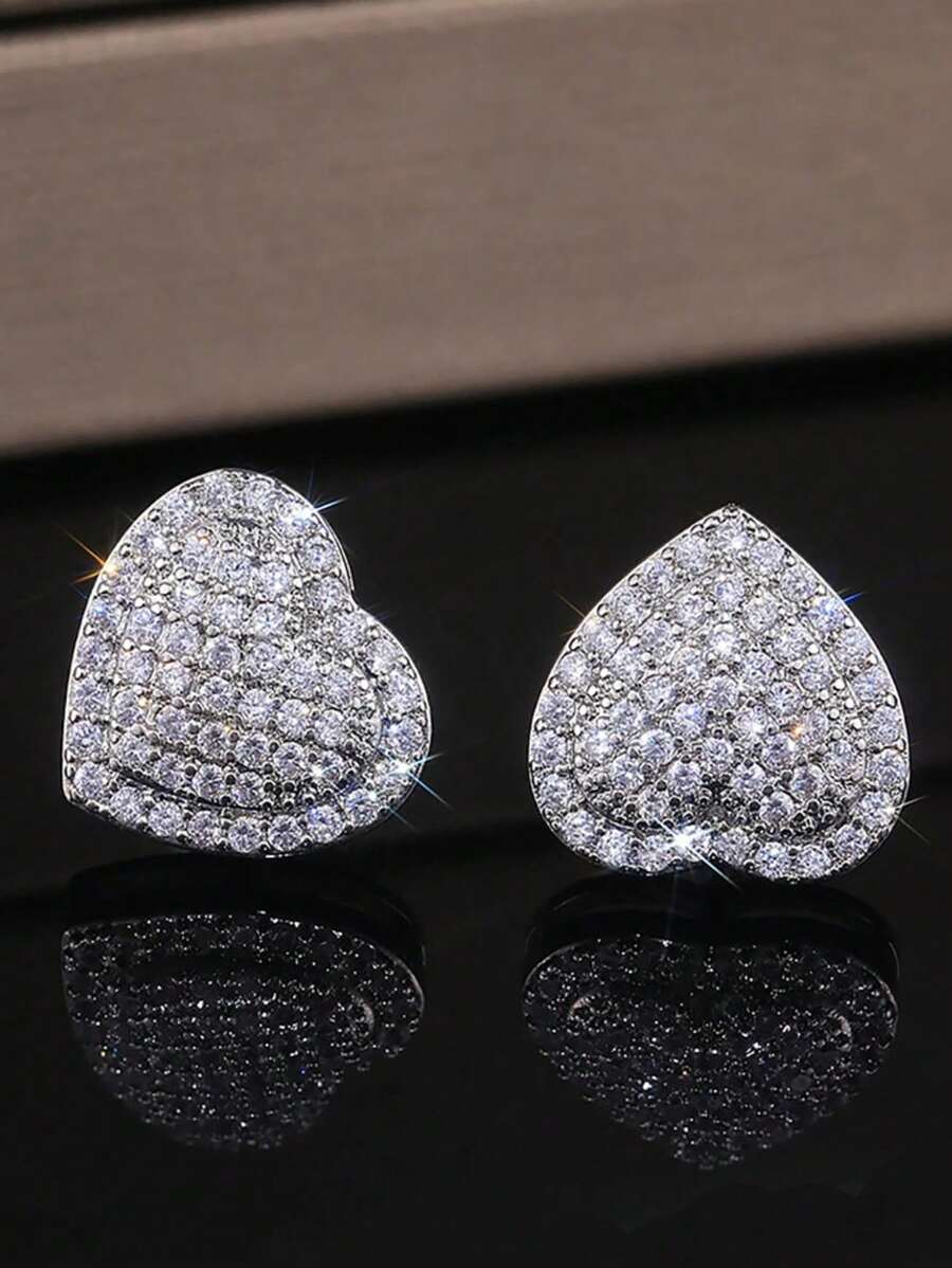 1 Pair 2pcs Shiny Full Zirconia Heart Shaped Stud Earrings, Fashionable For Daily Wear, Valentine's Day & New Year Gift - Multicolor - View 1