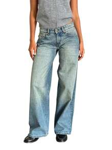 Women Loose Jean, Fashion Wide Leg Denim Long Pants For Daily Streetwear - màu xanh da trời - Xem 4