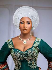 欧美复古英式毛毡头带帽，女士教堂德比帽，饰有花朵，柔软贝雷帽，优雅串珠非洲汽车凝胶头带，手工分层闪亮面料头带，波西米亚风格传统婚礼和派对特殊场合头饰，睡帽 - 尼日利亞頭巾帽 - 查看 2