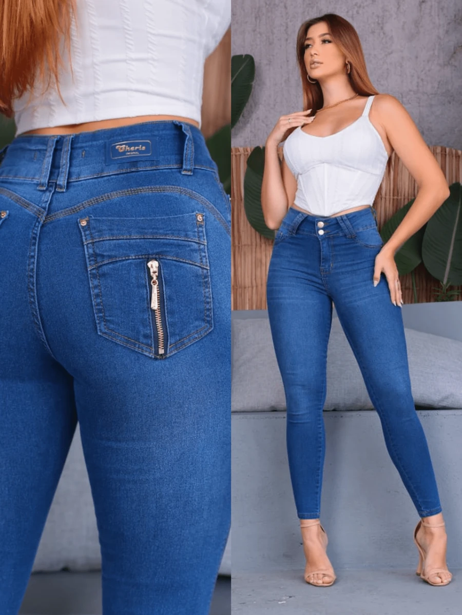 CHC Jeans Dark Light Plain Zipper Pocket High Waist Lycra Skinny Long Women's Pants - 淺色水洗藍 - 查看 1