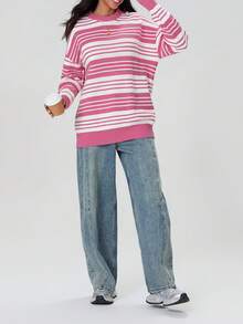 Suéter de rayas de gran tamaño para mujer, cuello redondo, manga larga, jersey de punto, ropa de calle informal para invierno y otoño - Rosa - Ver 3