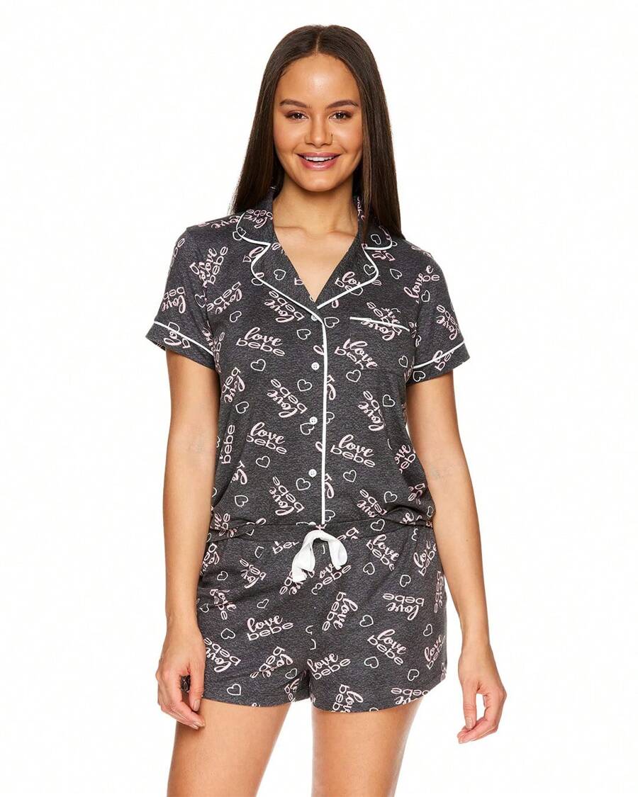 Bebe Pajama Set For Women, Stretch Rayon Knit Short Sleeve PJs For Women Set, Ladies Pajamas Sets - Arang Gelap Heather - View 1
