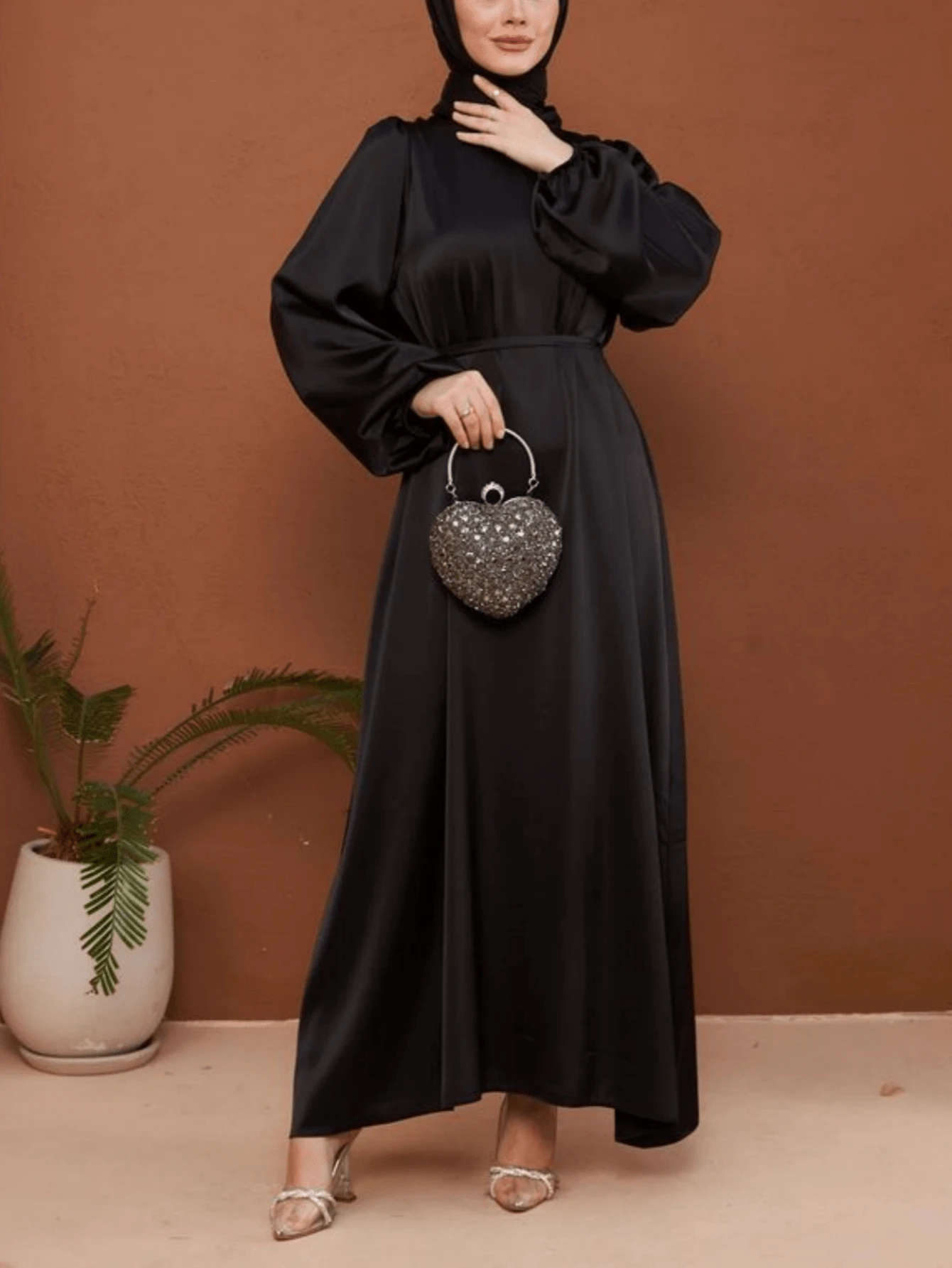 Women Lantern Sleeve Round Neck Cinched Waist Slim Fit Robe, Elegant And Loose Fit With Waistband - Black - View 1