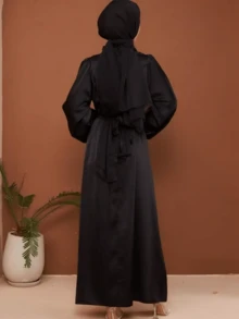 Women Lantern Sleeve Round Neck Cinched Waist Slim Fit Robe, Elegant And Loose Fit With Waistband - Black - View 5