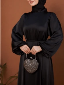 Women Lantern Sleeve Round Neck Cinched Waist Slim Fit Robe, Elegant And Loose Fit With Waistband - Black - View 4