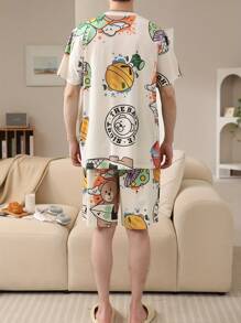 2 件套男士时尚睡衣套装，休闲短袖舒适睡衣，轻便夏季 - 杏色 - 查看 6