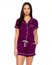 Bebe Pajama Set For Women, Stretch Rayon Knit Short Sleeve PJs For Women Set, Ladies Pajamas Sets - 深紫色 - 查看 1
