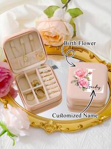 1pc Personalized Name Jewelry Box For Bridesmaids,Personalized Travel Jewelry Box,Birth Month Flower Jewelry Case,Bridal Party Proposal Gift - Baby Pink - View 3