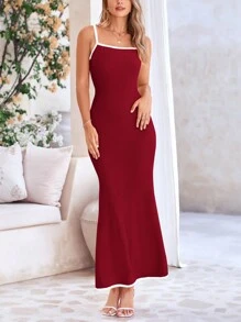 Women's Summer Long Skirt With Waist Waist And Thin Shoulders Plaid Square Collar A-Line Pleats Casual Holiday SundressWomen's Long Dress Summer Casual Color Matching Thin Shoulder Strap Tight Long Holiday Beach Dress - 酒紅色 - 查看 5