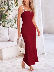 Women's Summer Long Skirt With Waist Waist And Thin Shoulders Plaid Square Collar A-Line Pleats Casual Holiday SundressWomen's Long Dress Summer Casual Color Matching Thin Shoulder Strap Tight Long Holiday Beach Dress - 酒紅色 - 查看 4
