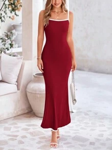 Women's Summer Long Skirt With Waist Waist And Thin Shoulders Plaid Square Collar A-Line Pleats Casual Holiday SundressWomen's Long Dress Summer Casual Color Matching Thin Shoulder Strap Tight Long Holiday Beach Dress - 酒紅色 - 查看 3