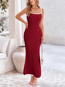 Women's Summer Long Skirt With Waist Waist And Thin Shoulders Plaid Square Collar A-Line Pleats Casual Holiday SundressWomen's Long Dress Summer Casual Color Matching Thin Shoulder Strap Tight Long Holiday Beach Dress - 酒紅色 - 查看 1
