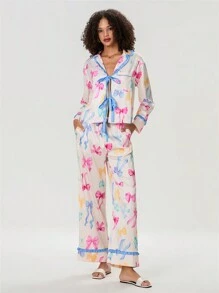 时尚女士可爱睡衣套装蝴蝶结印花荷叶边翻领 V 领系带上衣松紧腰长裤 2 件套春节 - 彩色 - 查看 2