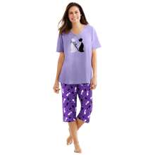 Dreams & Co. Plus Size 2-Piece Capri PJ Set - PLUM BURST CAT - View 1