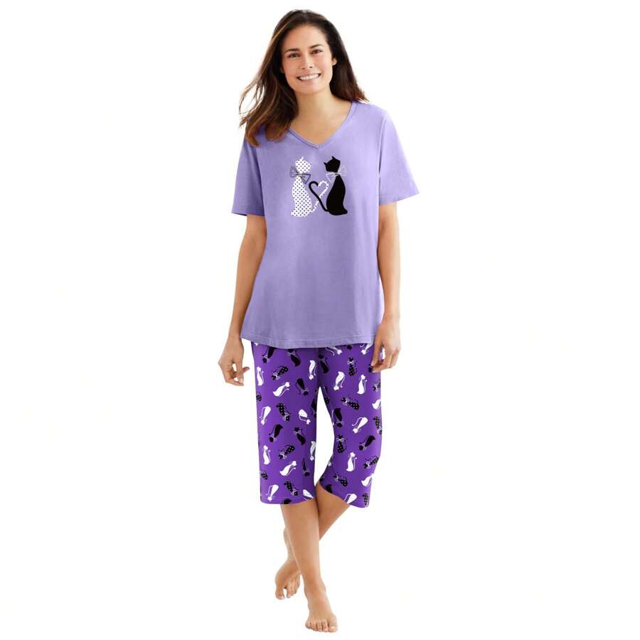 Dreams & Co. Plus Size 2-Piece Capri PJ Set - PLUM BURST CAT - View 1