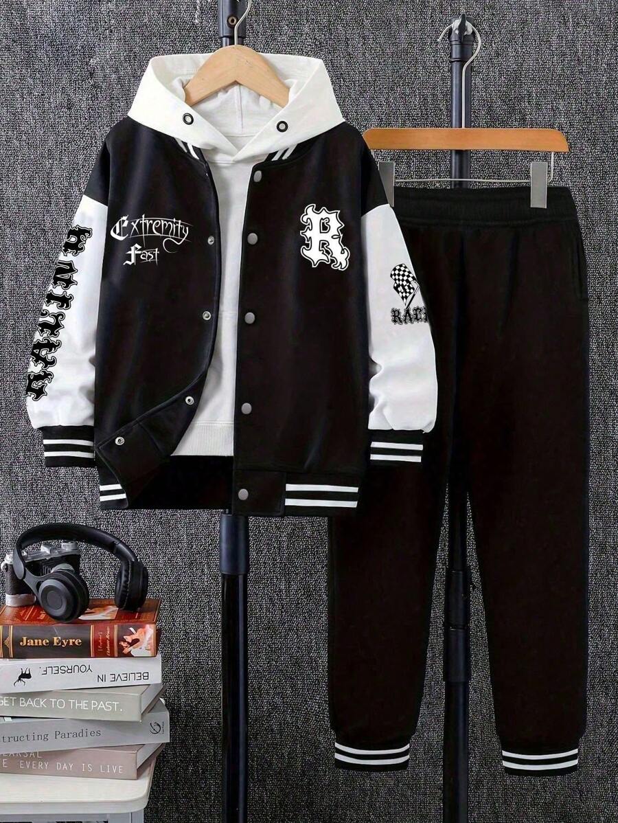 2 件套青少年男孩休闲纯色羊毛拉链夹克和抽绳羊毛裤套装,春季和秋季 - 黑色 - 查看 1
