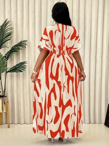 Plus Size V-Neck Batwing Sleeve Minimalist Printed Maxi Dress, Floral Pattern Random, For Summer - Red - View 3