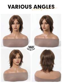 12 Inch Short Mullet Head Wigs With Bangs Synthetic Straight Women Black Short Hair Wig For Daily Party Cosplay Wigs - 棕色 - 查看 9