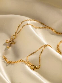 Nooxian 1 Stück modischer minimalistischer Edelstahl Kreuzanhänger mit goldfarbener Vergoldung und kubischem Zirkonia für Frauen - Goldgelb - Übersicht 3