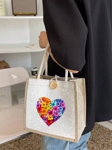1pc Coarse Linen Tote Bag, Butterfly Flower Love Print Handbag, Wedding Specific Reusable Bag, Daily Use, Mini Tote Bag, Zippered Canvas Bag, Portable Double Handle Tote Bag, Lunch Gift Bag, Beach Bag, Shoulder Tote Bag With Handle Button, Valentine's Day Gift, The Best Gift For Your Couple(Button Styles And Colors Are Randomly Shipped)(Due To Material Reasons, There May Be Wire Breakage. If You Mind, Please Place Your Order With Caution)