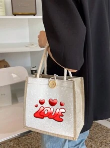 1pc Coarse Linen Tote Bag, Butterfly Flower Love Print Handbag, Wedding Specific Reusable Bag, Daily Use, Mini Tote Bag, Zippered Canvas Bag, Portable Double Handle Tote Bag, Lunch Gift Bag, Beach Bag, Shoulder Tote Bag With Handle Button, Valentine's Day Gift, The Best Gift For Your Couple(Button Styles And Colors Are Randomly Shipped)(Due To Material Reasons, There May Be Wire Breakage. If You Mind, Please Place Your Order With Caution)