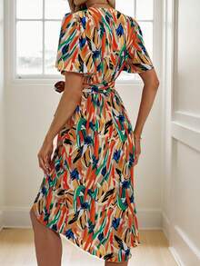 1pc Women's Mid-Length Floral Print Short Sleeve Dress, Summer New Arrival Ladies V-Neck Ruffle Sleeve Elastic Waist Slit Midi Dress