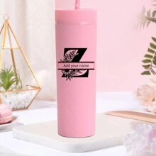 1入組個性化A-Z字母圖案16盎司純色塑料水瓶，客製化姓名飲用杯，適用於夏季和冬季飲料，扁平底部牛奶咖啡杯，旅行配件，節日伴娘新娘禮物 - 玫紅色 - 查看 10