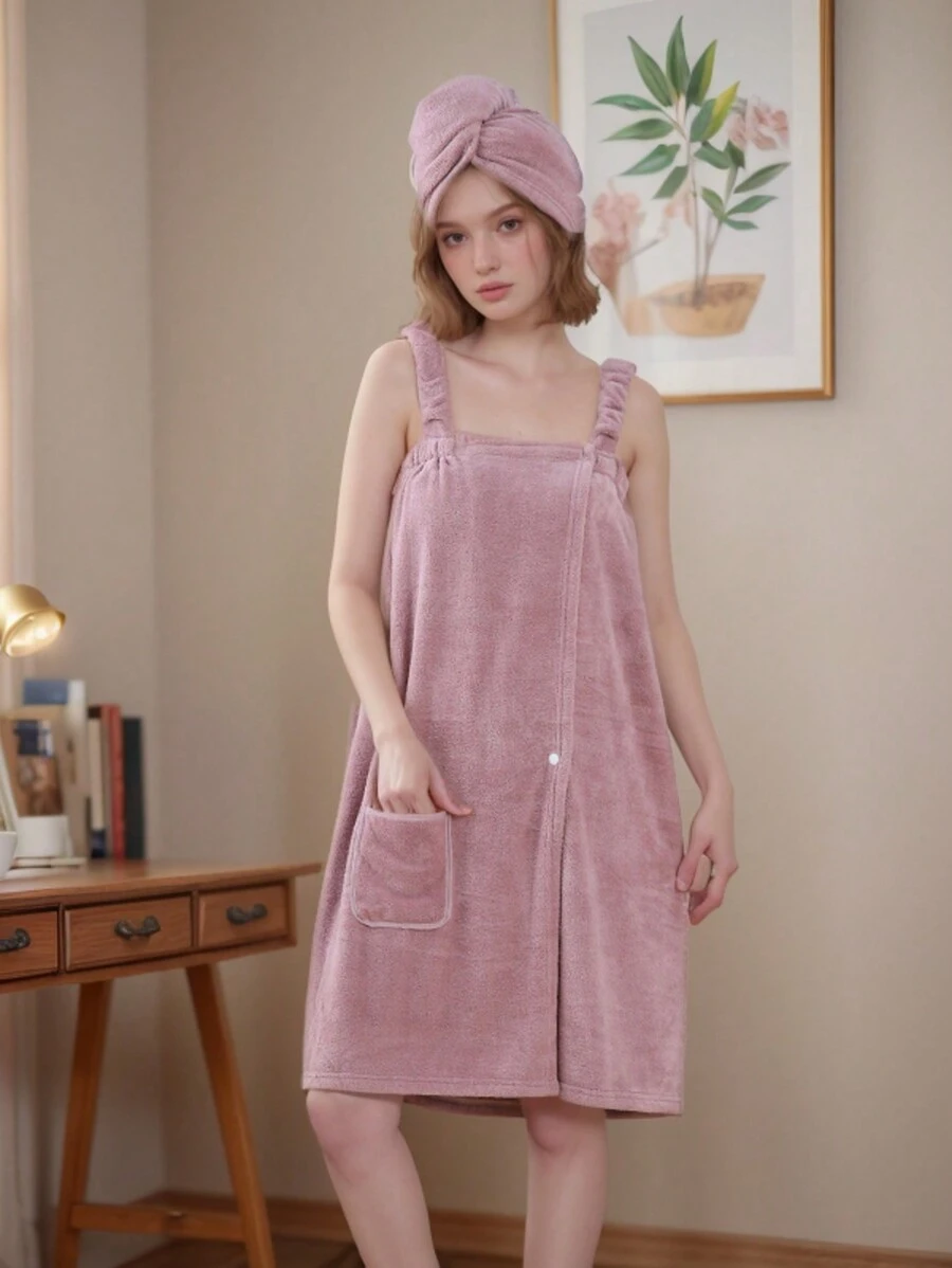 SHEIN X Milania Coral Velvet Solid Color Hook And Loop Bathrobe + Shower Cap, Fashionable Item, Super Soft & Absorbent, Skin-Friendly, Romantic Style, Suitable For Couples, Ideal For Home, Bathroom, Gym, Hotel, Essential For Daily Use, Great Gift For Valentine's Day Or Mother's Day