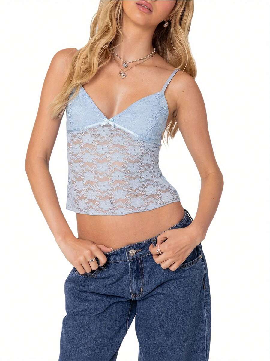 Ladies' Summer Casual Top, Exquisite Floral Lace Pattern, V-Neck, Backless, Adjustable Shoulder Straps And Sleeveless, Short Length. Lightweight, Breathable, Elastic, Soft And Skin Friendly, Comfortable To Wear. Very Suitable For Parties, Beaches, Homes, Clubs, Shopping, Dates, Vacations, Weekends, Holidays, Nights, Leisure, Schools, Outdoor, And Street Wear. - 藍色 - 查看 1