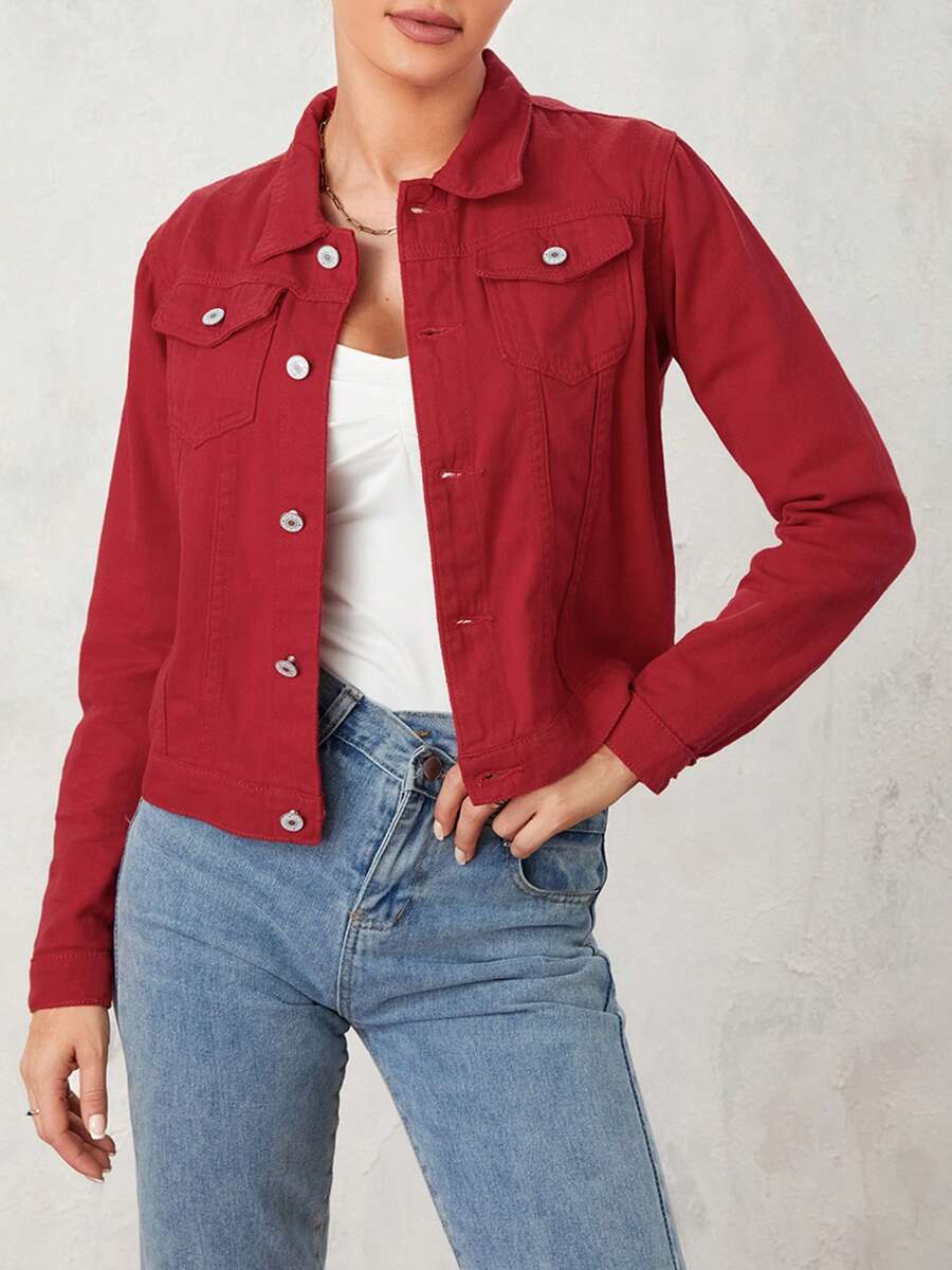 Womens Solid Color Denim Jacket, Casual Long Sleeve Button Down Chest Pocket Jean Jacket - Red - View 1