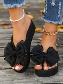 1 Pair Women's Bow Decor Thick Sole Slide Sandals, High Heel Fashion Flip Flops For Summer