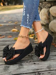 1 Pair Women's Bow Decor Thick Sole Slide Sandals, High Heel Fashion Flip Flops For Summer