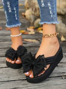 1 Pair Women's Bow Decor Thick Sole Slide Sandals, High Heel Fashion Flip Flops For Summer
