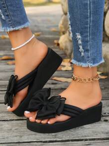1 Pair Women's Bow Decor Thick Sole Slide Sandals, High Heel Fashion Flip Flops For Summer